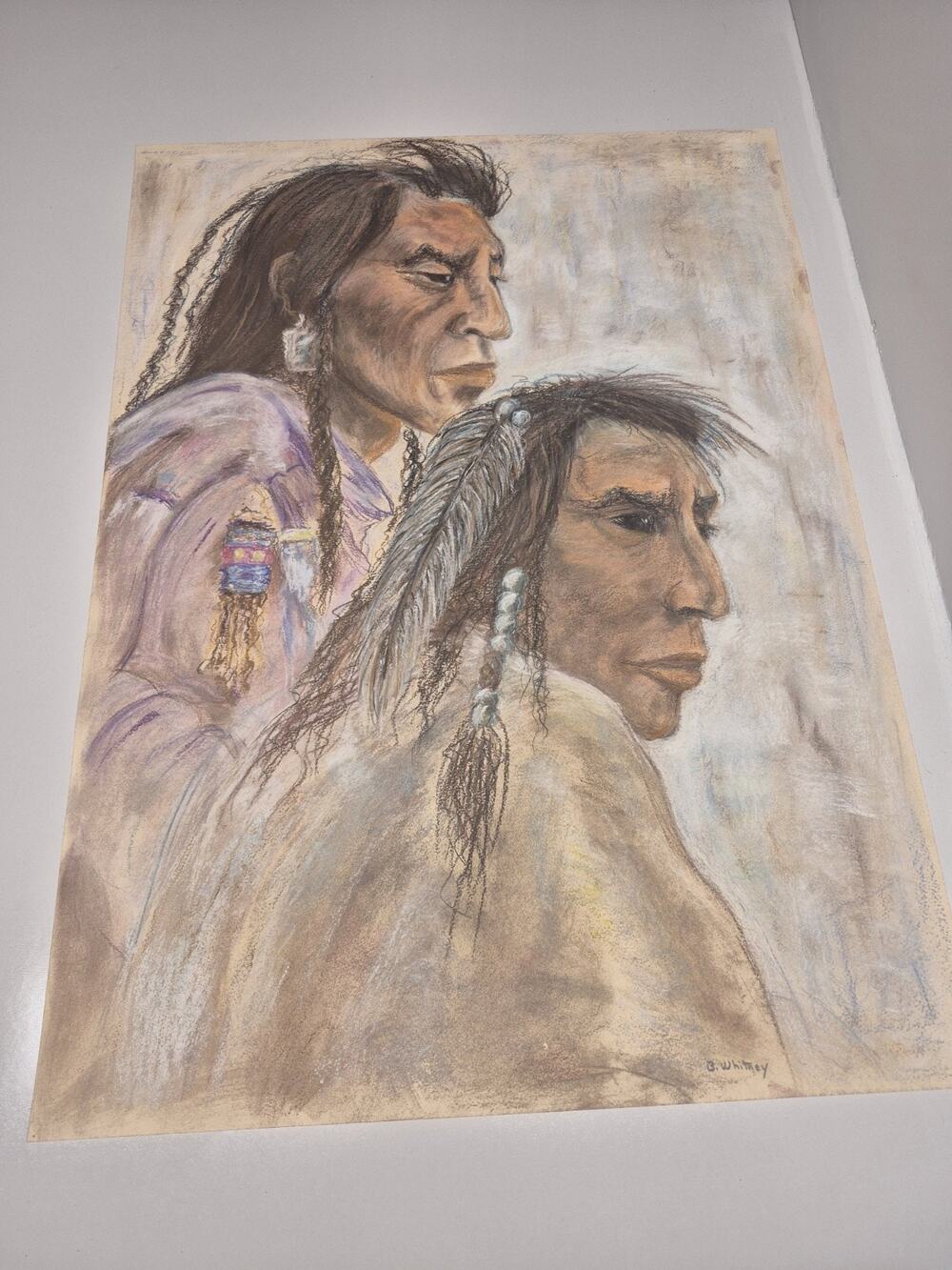 Native American Large Colored Charcoal Drawing Signed B. Whitney